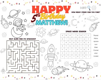 Space Birthday Placemat Activity Sheet, editable Space Party Placemat, Astronaut Birthday Coloring Page, Kids Party Game