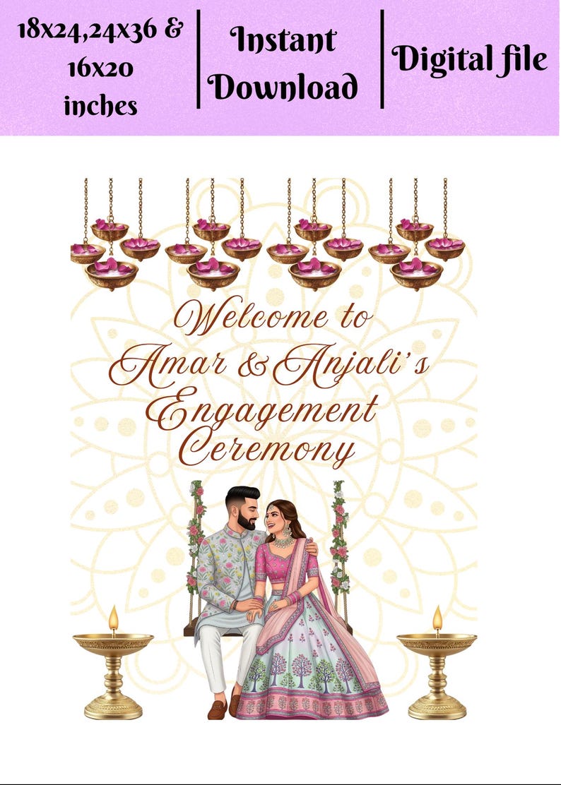 Indian Engagement Welcome Sign Poster | Couple Illustration, Floral ...