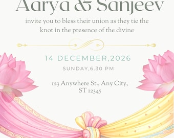 Pastel Indian Wedding Invitation Template | Lotus Floral Hindu Wedding Invite | Editable South Asian Wedding Card | Pink Yellow Saree Knot