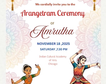 Convite para Arangetram Editável, Convite para Bharatanatyam com Mandala em Tons Pastel, Cartão para Cerimônia de Arangetram de Dança do Sul da Índia, Download Instantâneo