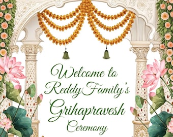 Indian Housewarming Poster, Grihapravesh Cow Lotus Template (Canva Editable, Digital Download)