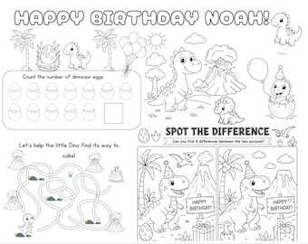 Editable Dinosaur Birthday Placemat Activity Sheet | Dino Birthday Coloring Placemat | Kids Party Activity Mat | Printable Birthday Game