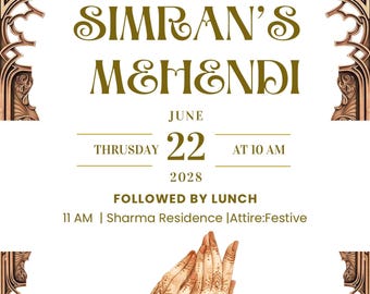 Convite para Mehndi com Moldura Dourada, Cartão para Cerimônia de Mehndi com Henna nas Mãos, Convite Editável para Casamento Indiano Punjabi, Download para Impressão