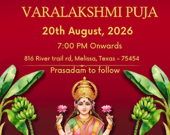 Modelo editável de convite Varalakshmi Puja, convite Maroon Gold Lakshmi Pooja, download digital Varamahalakshmi Vratham do sul da Índia