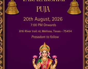 Convite Varalakshmi Vratham editável, modelo de convite Varalakshmi Puja, convite digital Lakshmi Pooja do sul da Índia, download instantâneo