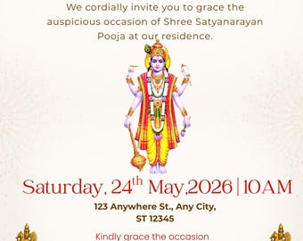 Modelo de convite Satyanarayana Pooja, convite Satyanarayana Puja editável, convite digital indiano, Evite para impressão em Canva