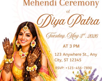 Mehendi Ceremony Invite Template, Cream Lavender Floral Mehndi Card, Editable South Asian Wedding Invitation, Instant Download
