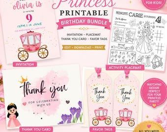 Princess Birthday Party Bundle Printable | Personalized Princess Invitation, Activity Placemat, Thank You Card & Favor Tags