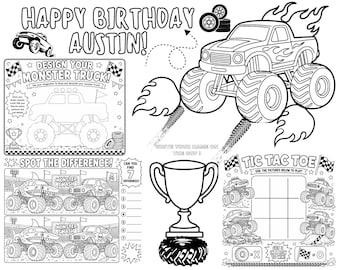 Editable Monster Truck Birthday Placemat | Monster Truck Party Activity Sheet | Custom Kids Birthday Coloring Page | Printable Birthday