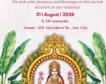 Convite Varalakshmi Nombu Tamil, convite Varalakshmi Vratham Pooja editável, modelo Lakshmi Puja de arco dourado, convite digital instantâneo