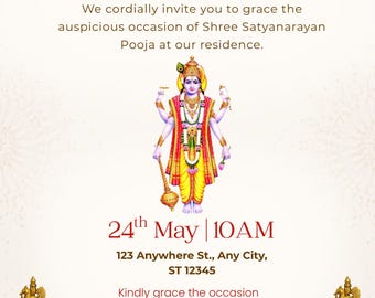 Shree Satyanarayana Pooja Invitation Template | Indian Hindu Puja Invite | Editable Telugu Housewarming Ceremony Card | digital download