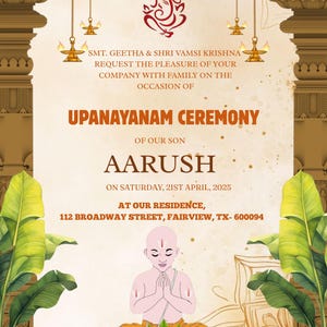 Puede incluir: Invitación a la ceremonia Upanayanam de Aarush, con texto en inglés. El diseño incluye motivos tradicionales indios, una representación de un niño y decoraciones florales. También se incluyen la fecha y la dirección.