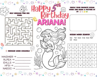 Editable Mermaid Birthday Placemat Activity Sheet, Under the Sea Birthday Coloring Page, Mermaid Party Games Printable, Custom Kids Birt
