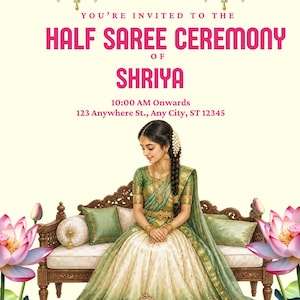 Puede incluir: Invitación a una ceremonia de medio sari, con el nombre de Shriya. El diseño incluye a una mujer con vestimenta tradicional, sentada en un sofá decorativo, rodeada de elementos florales y ornamentales. El texto de la invitación es rosa.