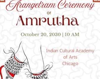 Modelo de convite para Arangetram, convite para dançarina de Bharatanatyam com guizos, cartão de estreia editável para dança clássica indiana, download digital.