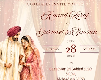 Convite de casamento Sikh rosa, convite para Anand Karaj em aquarela para casal (modelo digital)
