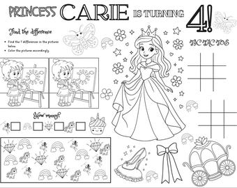 Princess Birthday Activity Placemat | Editable Princess Coloring Placemat | Custom Name & Age Birthday Activity Sheet | kids Printable