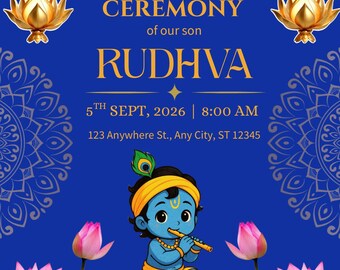 Convite para Karnavedha, Convite Azul Royal para Perfuração da Orelha do Bebê Krishna, Cartão Editável para Cerimônia Indiana, Download Digital Instantâneo