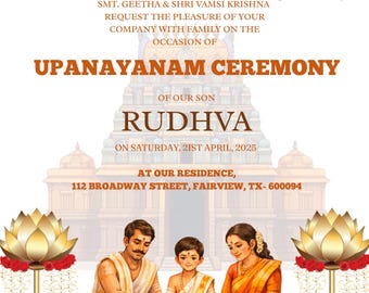 Convite personalizado para Upanayanam | Cerimônia tradicional indiana do fio sagrado (Convite digital)