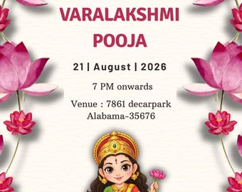 Modelo editável de convite de Varamahalakshmi | Varalakshmi Vratham Pooja convida de <br> Entrega Rápida? Cartão digital Lakshmi Puja do sul da Índia, lótus de vaca Pichwai