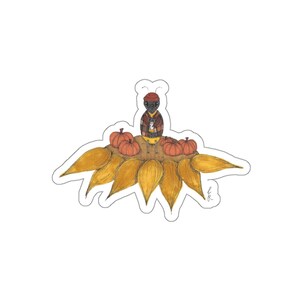 May include: A sticker featuring a whimsical illustration of a creature wearing a red cap and a brown plaid jacket, holding a mug, and standing on a sunflower with pumpkins. The sticker has a white border.
