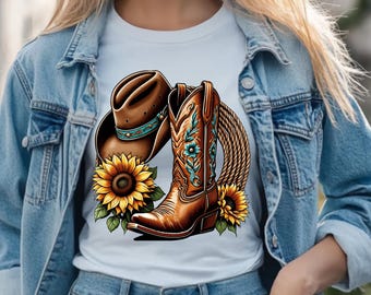 Png de cow-girl tournesol, botte western Png, floral turquoise PNG, chapeau rustique PNG, country soul PNG