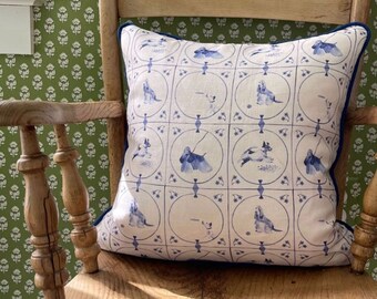 Linen pillow cover, linen pillow, linen cushion cover, linen decorative pillow, delft tile, illustrated fabric, blue pillow cover