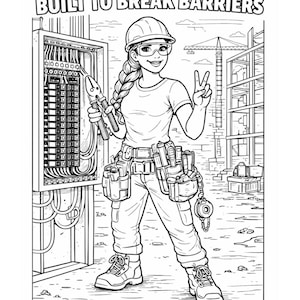 Pode incluir: Ilustração a preto e branco de uma eletricista usando capacete e cinto de ferramentas, segurando alicates e fazendo o sinal de paz. O texto diz "BUILT TO BREAK BARRIERS" e "ELECTRICIAN". O fundo mostra um local de construção.