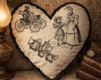 Almohada victoriana con forma de corazón de madre e hijo / Almohada personalizada, ilustración de carruaje vintage - Decoración rústica de granja