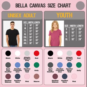 May include: A Bella Canvas size chart for unisex adult and youth t-shirts. The chart provides measurements in inches for adult sizes S to 4XL and youth sizes S to XL. Colour options include black, white, and various heather shades.