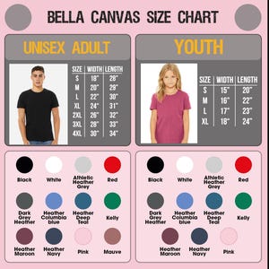 The image is a size chart for two different age groups: youth and adult. It provides the size and width length for each age group, along with color options for the t-shirts.