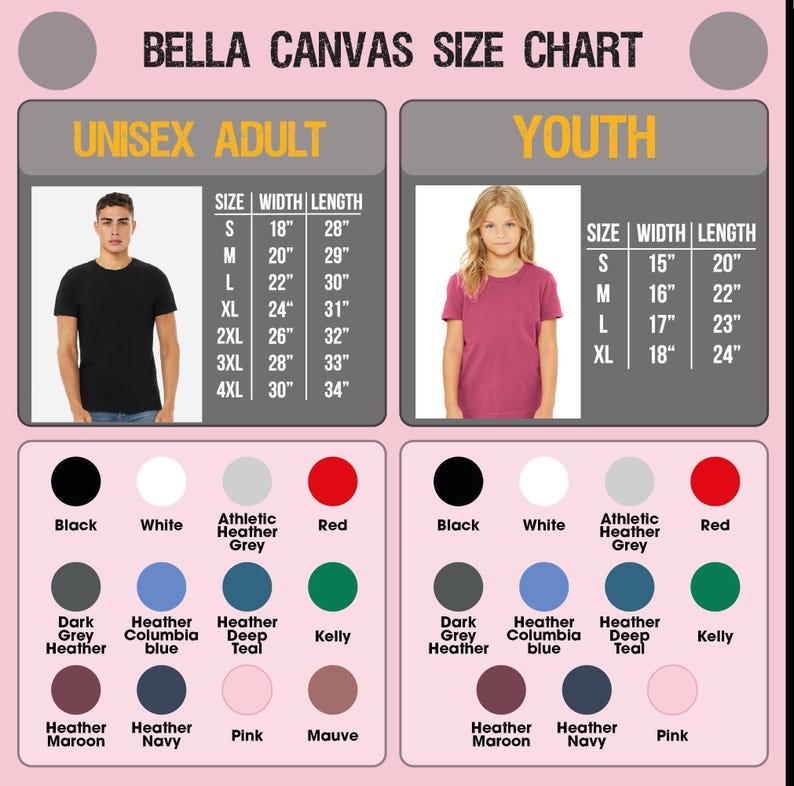 The image is a size chart for two different age groups: youth and adult. It provides the size and width length for each age group, along with color options for the t-shirts.
