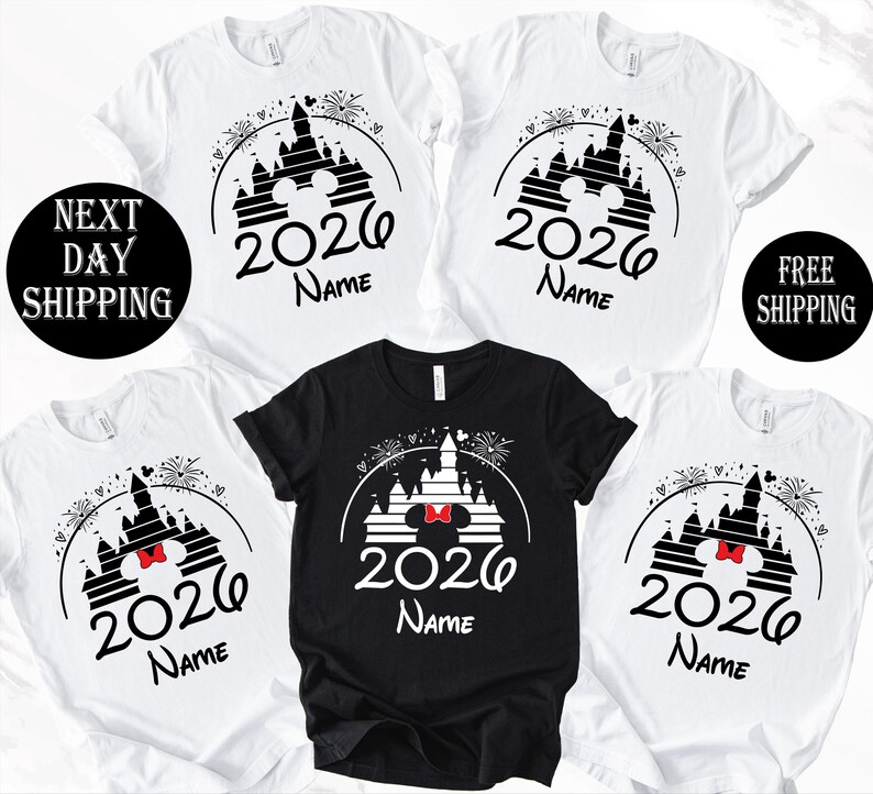 a collection of white t-shirts with black and red designs featuring Mickey Mouse and a castle, along with the text "2020 Name" printed on them.