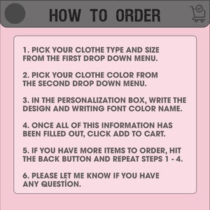 May include: A pink and grey graphic with the text "HOW TO ORDER" at the top. Instructions are listed below, including selecting clothing type, colour, and adding to cart. A shopping cart icon is in the top right corner.