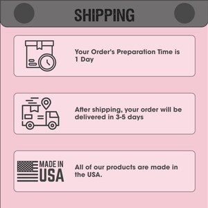 The image is a shipping label with three main sections: "Your Order's Preparation Time is 1 Day", "After shipping, your order will be delivered in 3-5 days", and "All of our products are made in the USA."