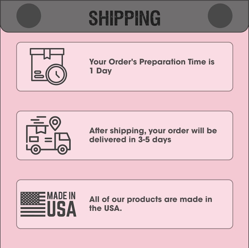 The image is a shipping label with three main sections: "Your Order's Preparation Time is 1 Day", "After shipping, your order will be delivered in 3-5 days", and "All of our products are made in the USA."