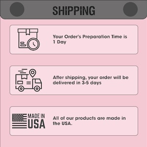 May include: Image with the word "SHIPPING" at the top. The graphic includes icons and text indicating a 1-day preparation time, delivery in 3-5 days after shipping, and that all products are made in the USA.