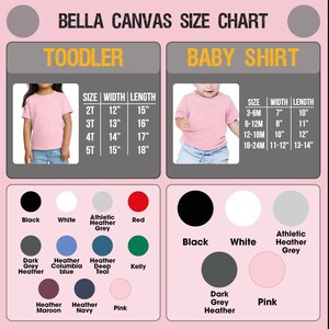 The image is a size chart for two different types of shirts: a toddler shirt and a baby shirt. The chart provides the size and width/length measurements for each shirt type, along with color options for the shirts.