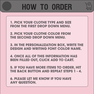 The image is a step-by-step guide on how to order clothes, providing instructions on selecting the type and size, choosing the color, filling out the information, adding items to the cart, and asking for any questions.