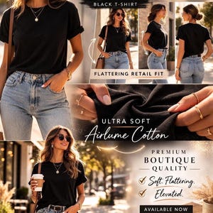 The image is a collage of multiple photos featuring a woman wearing a black t-shirt and jeans, with various descriptions and details about the clothing item.