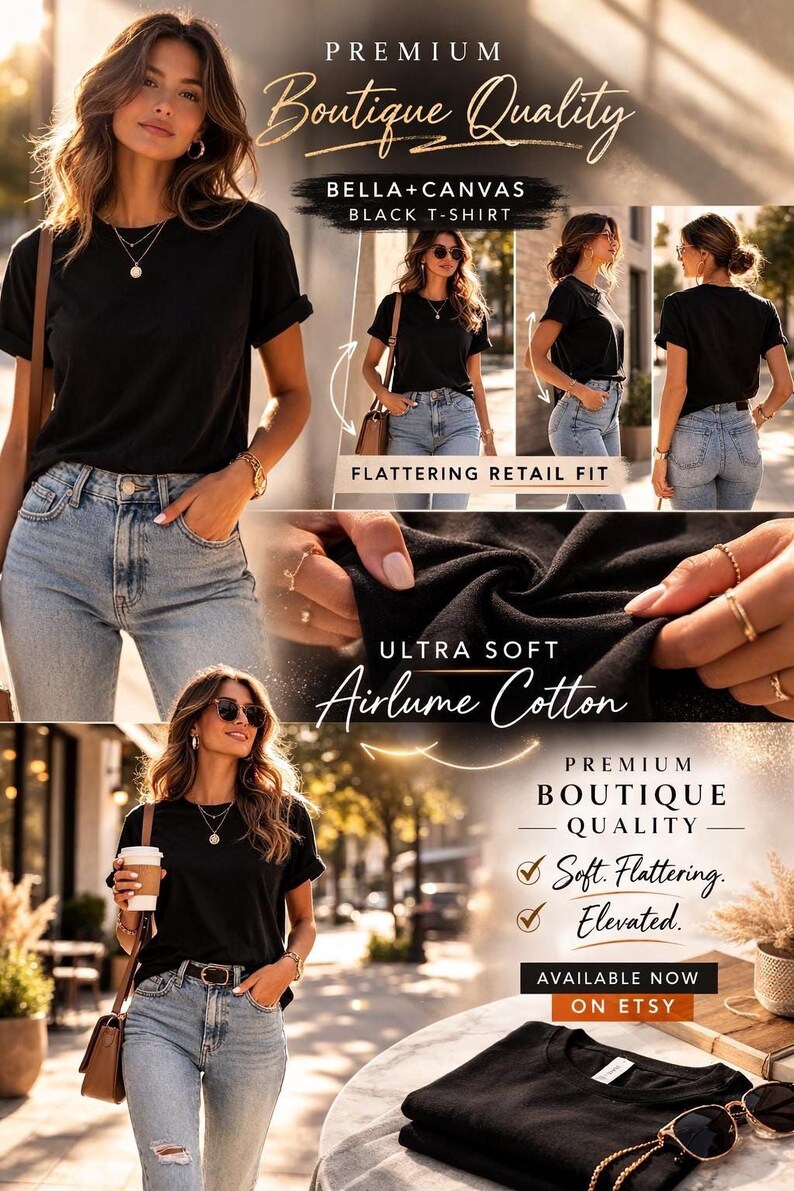 The image is a collage of multiple photos featuring a woman wearing a black t-shirt and jeans, with various descriptions and details about the clothing item.
