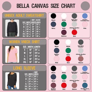 The image is a size chart for various clothing items, including a women's v neck shirt and a long sleeve shirt. The chart provides size and color options for different body types and styles.