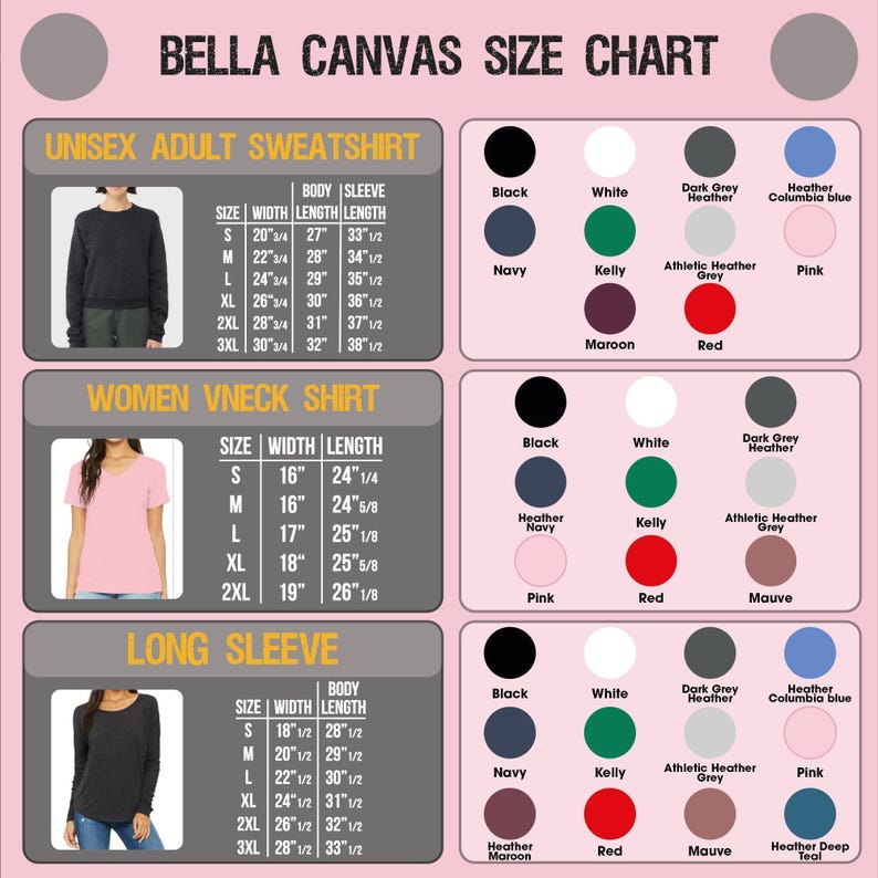 The image is a size chart for various clothing items, including a women's v neck shirt and a long sleeve shirt. The chart provides size and color options for different body types and styles.
