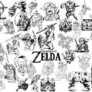 Könnte beinhalten: Schwarz-Weiß-Illustrationen von Charakteren und Symbolen aus der Videospielserie The Legend of Zelda. Die Bilder zeigen Charaktere mit Schwertern, Schilden und Bögen sowie das Logo der Serie.