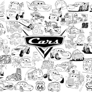 Op de afbeelding: Zwart-wit lijntekeningen van verschillende cartoonauto's, vrachtwagens en andere voertuigen. De afbeelding bevat het woord "Cars" in een gestileerd logo, samen met een Route 66-bord. De voertuigen hebben lachende gezichten en unieke ontwerpen.