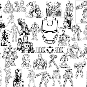 Könnte beinhalten: Eine Sammlung von Schwarz-Weiß-Illustrationen von Iron Man in verschiedenen Posen. Die Bilder zeigen Ganzkörperaufnahmen, Nahaufnahmen des Helms und Actionposen, mit dem Iron Man-Logo.