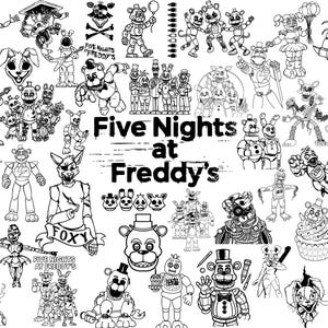 May include: A black and white illustration featuring characters from "Five Nights at Freddy's." The image includes Freddy, Bonnie, Chica, Foxy, and other animatronic figures, along with the game's title in a bold font.