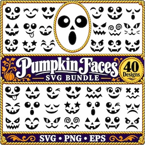 May include: A digital design bundle featuring 40 black pumpkin face illustrations on a white background. The graphic includes various expressions, a central oval frame, and the text Pumpkin Faces SVG Bundle 40 Designs SVG PNG EPS.
