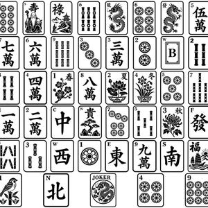 Könnte beinhalten: Eine Sammlung rechteckiger Mahjong-Spielsteine, die in einem Raster angeordnet sind und schwarze Tintenillustrationen auf weißem Hintergrund zeigen. Die Steine zeigen verschiedene Symbole, darunter chinesische Schriftzeichen, Bambusmuster, Punkte, Drachen und Blumen.