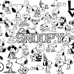 May include: A collection of black and white Snoopy illustrations in various poses, including holding balloons, skateboarding, and lifting weights. The word "SNOOPY" is displayed in a decorative font, with the word "LOVE" in large letters.